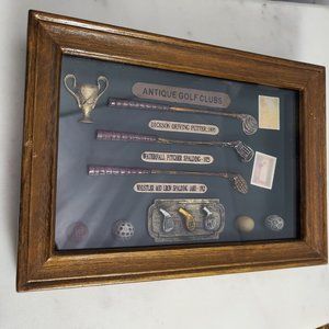 Antique Golf Balls and Club Part Replicas Wall Frame Collectible Box